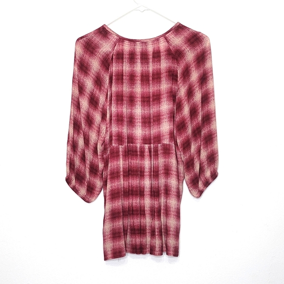 Maeve Anthropologie Cavalon Plaid Tunic Top Size XS Pink Cream 3/4 Sleeve Boho - Picture 2 of 9